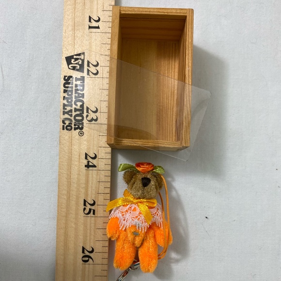 Department 56 Miniature Orange Felt Bear Keychain in Wooden Box Jointed Arms - Picture 7 of 7